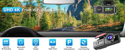 Dash Cam Front and Rear, 4K+1080P WDR Dash Camera for Cars,Built-in WiFi Car Camera with GPS Track,G-Sensor, Super Night Vision
