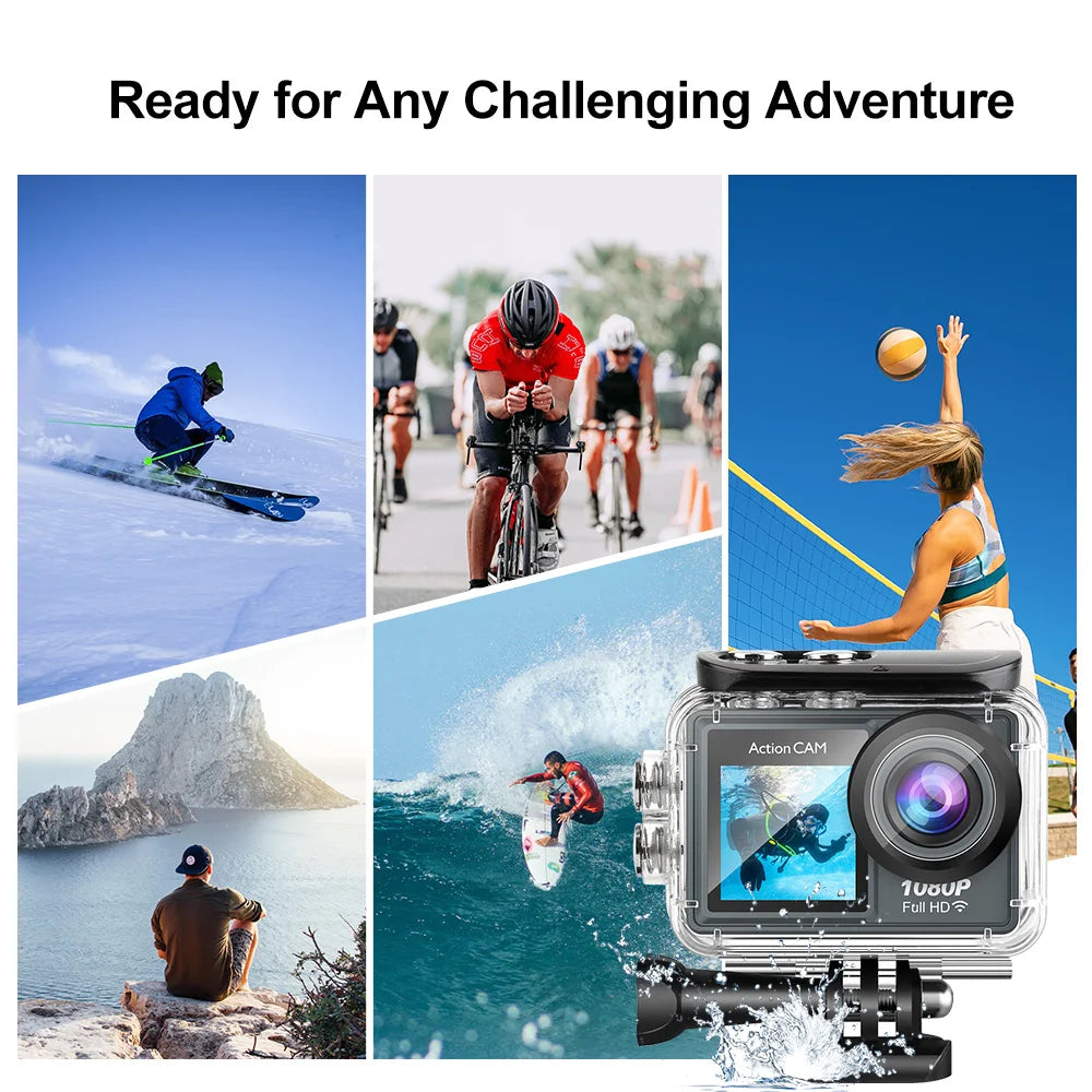 Action Camera Full HD 1080P 12MP Waterproof 30M Underwater Dual Screen With WiFi Wide Angle Sport Camera With Motion Detection
