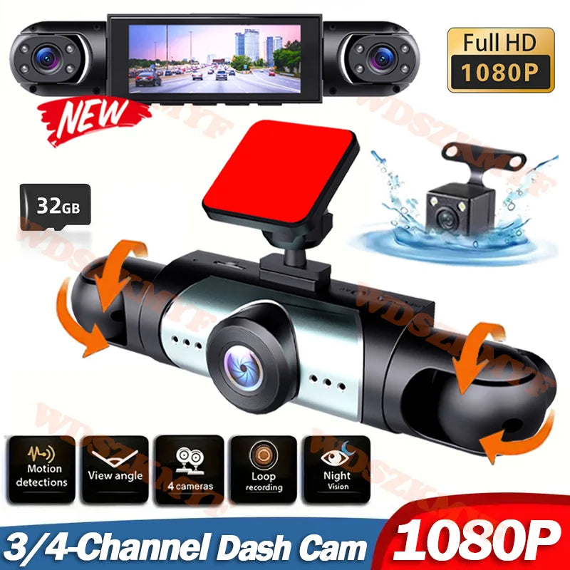 Dash Cam for Car 3/4 Channels Video Recorder 1080P Car DVR  Front inside Rotatable and Rear View Night Vision Car accessory