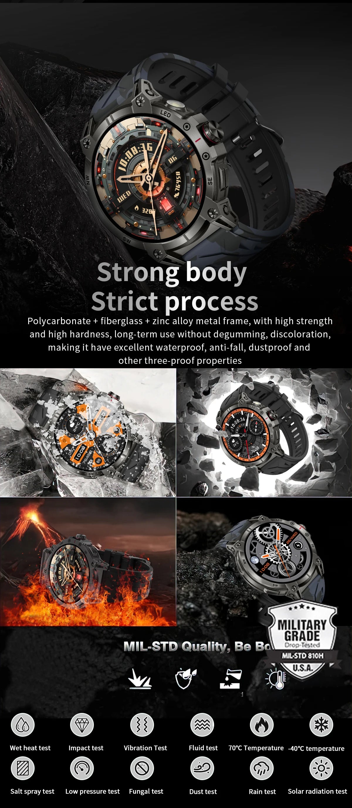 New Military Smart Watch Men 760mAh Large Battery LED Flashlight Compass 1.8"HD Screen Heart rate Waterproof BT Call Smartwatch