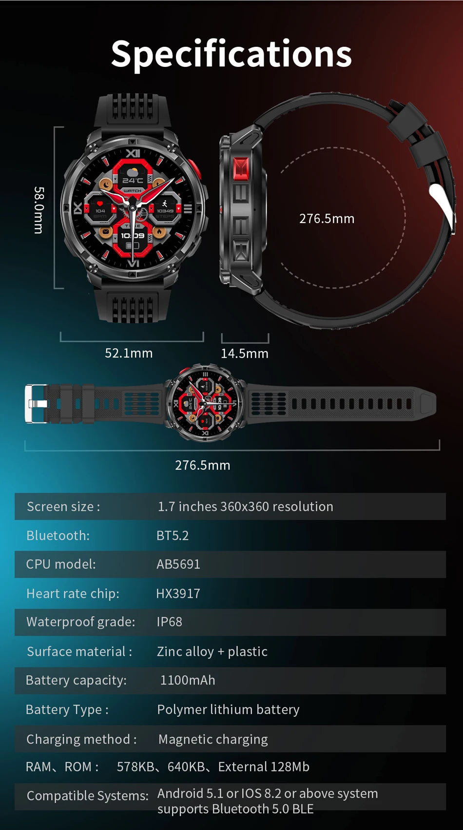 1100mAh Battery Outdoor Sport Smartwatches Men LED Flashlight Message Push Heart Rate 3ATM Waterproof Bluetooth Call Smart Watch