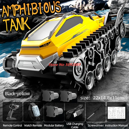 2.4G Amphibious Tank Car Climbing Off Road Water Land All Terrain Tracked Watch Remote Dual Control Tank Car Toy Gift Kid boys