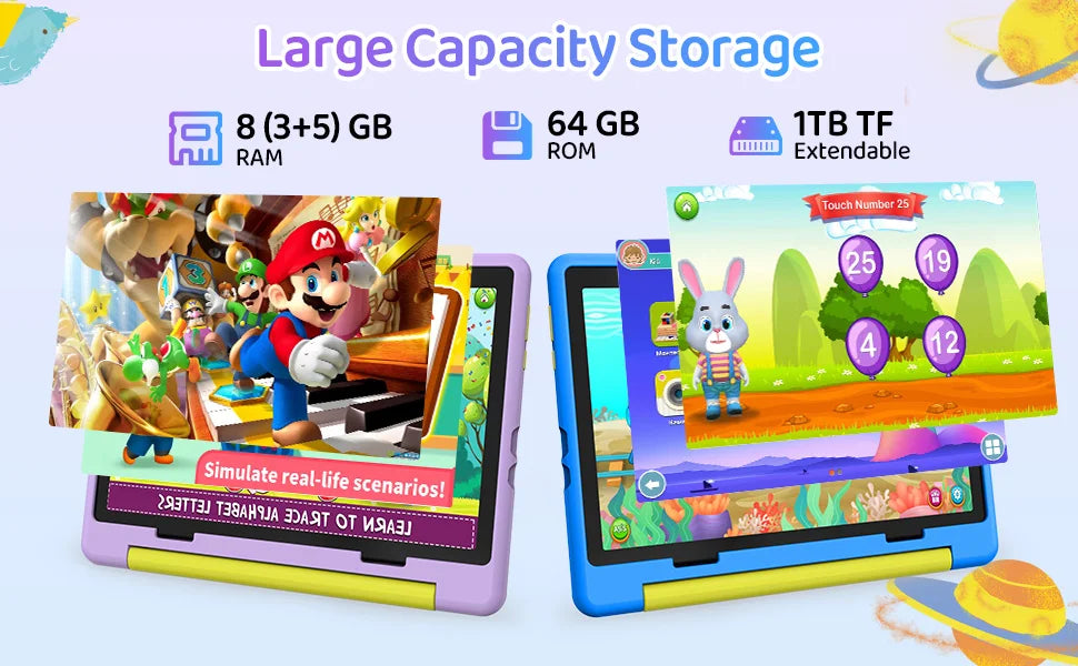 URAO 10 Inch Cartoon Pattern Kids Tablet Android Octa-Core 8GB RAM 64GB ROM Learning Education Games Tablets Children's Gifts