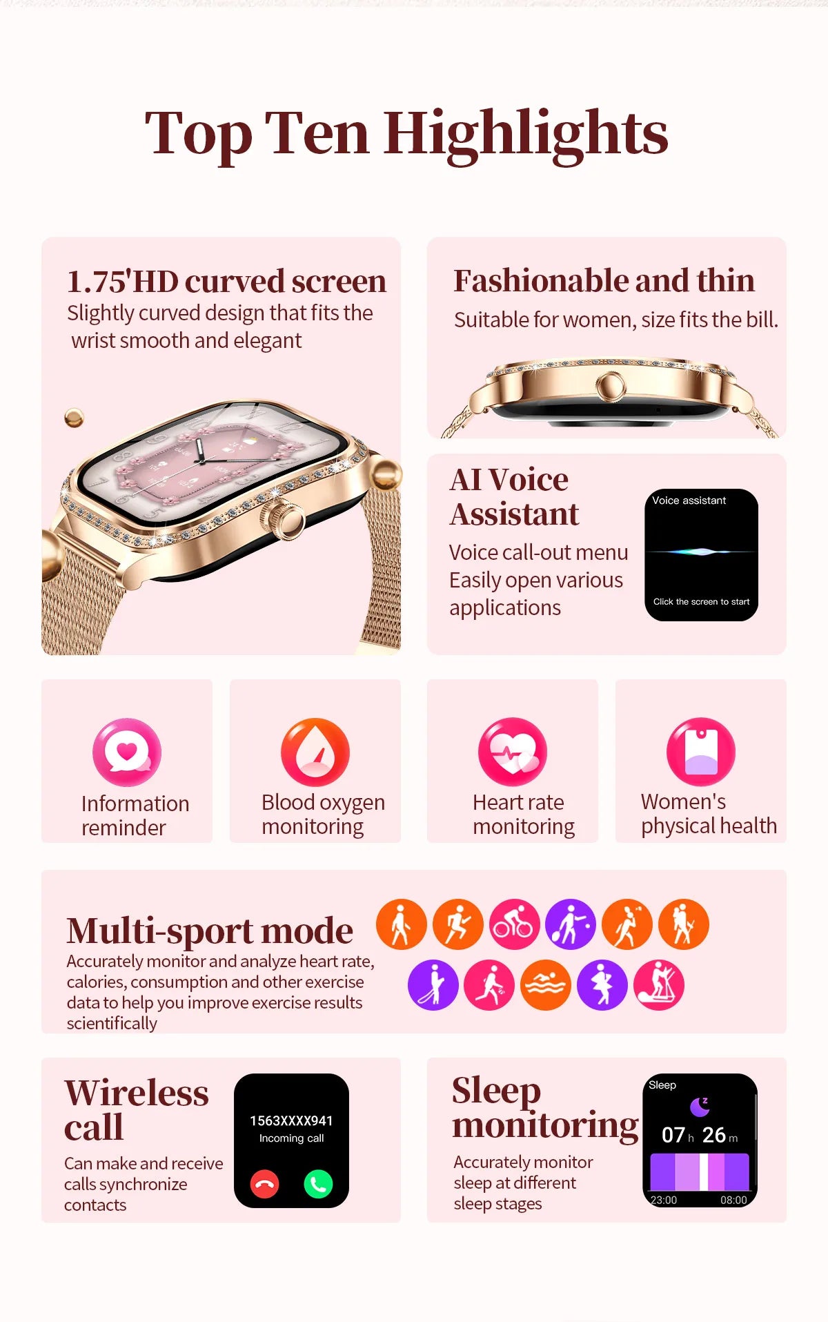 LIGE Fashion Women Smart Watch 1.75inch Curved Screen Sport Bracelet BT HD Calling Clock IP68 Waterproof Diamond Case Smartwatch