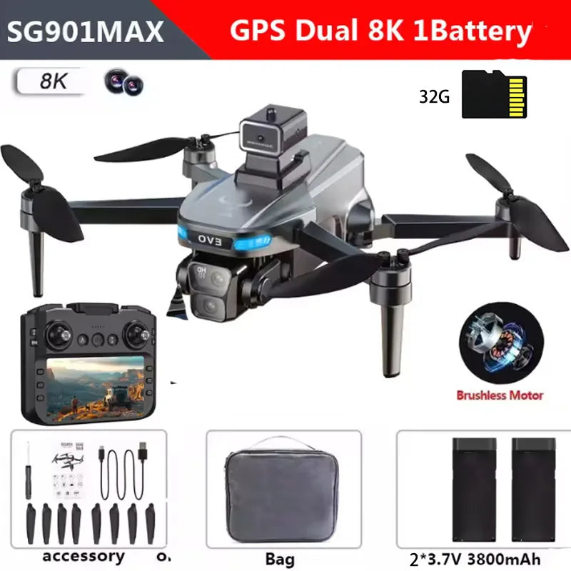 SG901MAX GPS Drone 8K Professional HD Dual Camera 5G WIFI With Screen 360°Obstacle Avoidance Brushless Foldable Quadcopter Drone