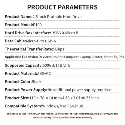 Kodak portable external hard drive PHDD, supports USB 3.0, 500GB/1TB/2TB capacity optional
