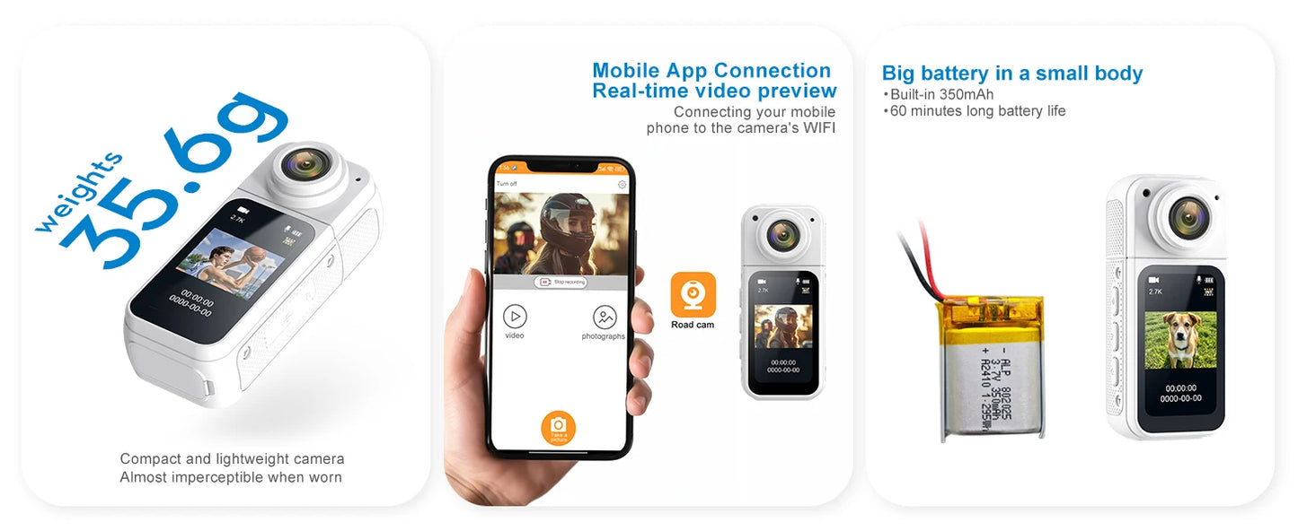 Thumb Action Camera Mini 2.7K Sport Go Pro Cameras Pocket Cam Instant 180°Angle WIFI Recorder Magnetic Attraction Bracket Camera