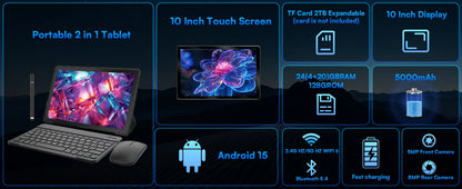 10 Inch Tablet Android 15 A523 8 Core Tablets 24GB+128GB 1TB Expansion WiFi 6 5MP+8MP Stylus Keyboard Mouse Headphone PC PAD Set