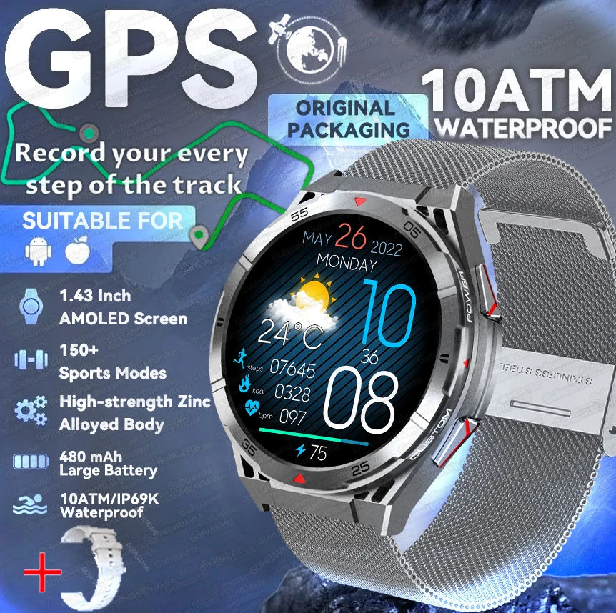 New Outdoor Built-in GPS Smart Watch Men 1.43'' AMOLED Display Compass 3ATM Waterproof Swimming Grade Bluetooth Call Smartwatch