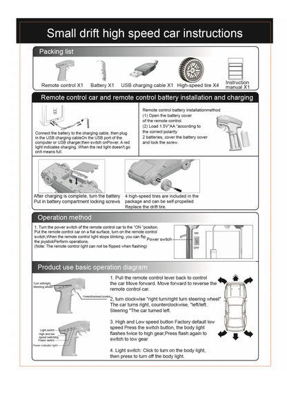 RC Cars 4WD 1:24 20KM/H Full Proportional High RC Drift Car Speed RC Car with LED Lights and Drifting Tires Racing Sport Toy Car