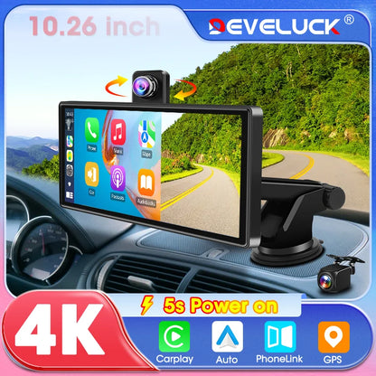 4K Dash Cam 10.26 inch Carplay & Android Auto Car DVR Video Recorder Dahscam Camera 5G Wifi GPS Navigation FM AUX 360 ° Rotation