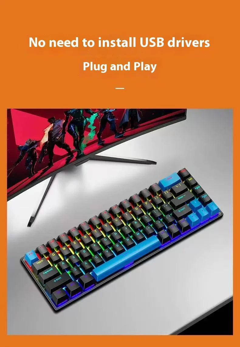 2025 new 68-key game mechanical keyboard mini 65% compact RGB backlit ergonomic wired film keyboard, suitable for laptop desktop