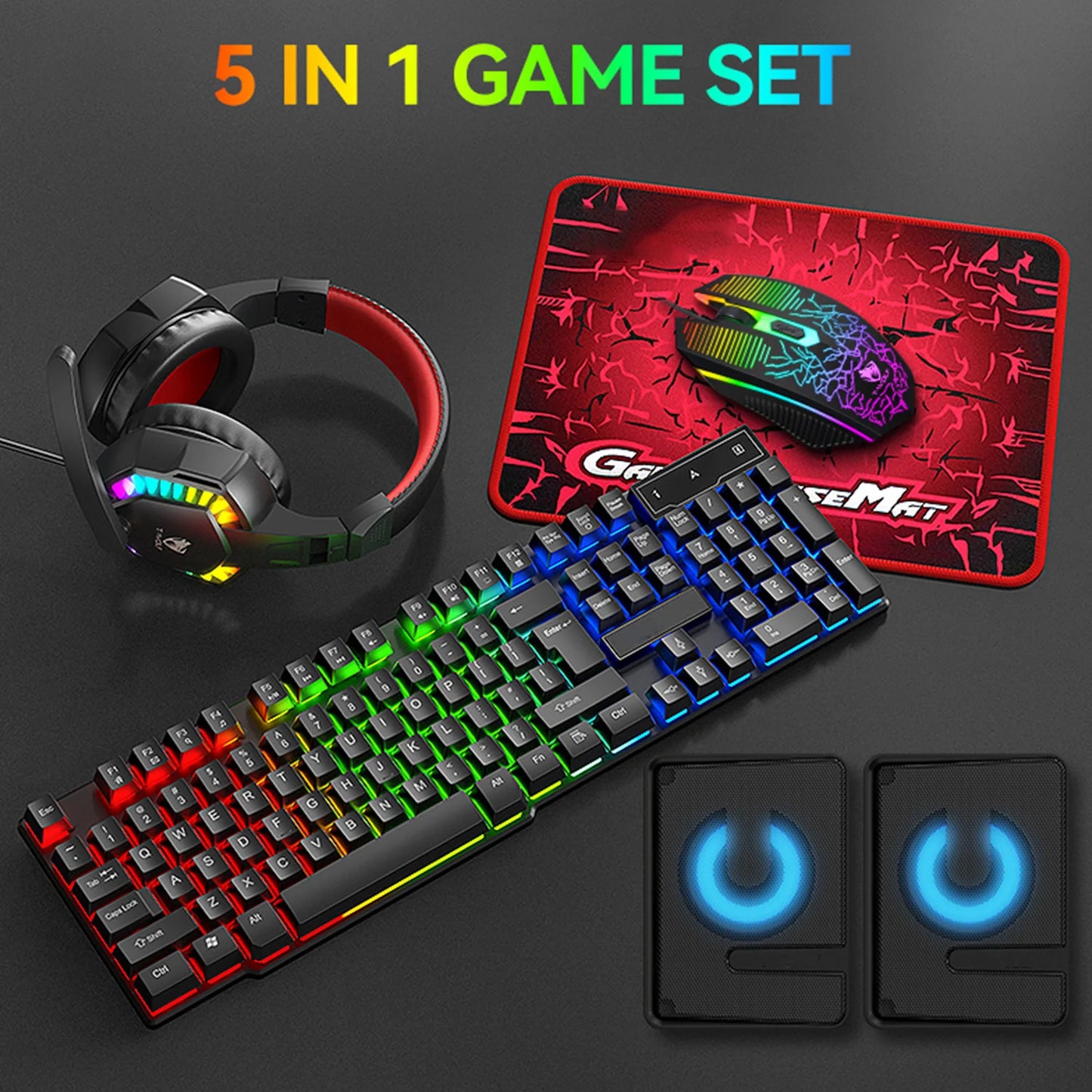 Five-piece Gaming Combo 104 Keys Keyboard 4-color Breathing Light Mouse 3.5mm Gaming Headset Gaming Speaker Anti-slip Mouse Pad