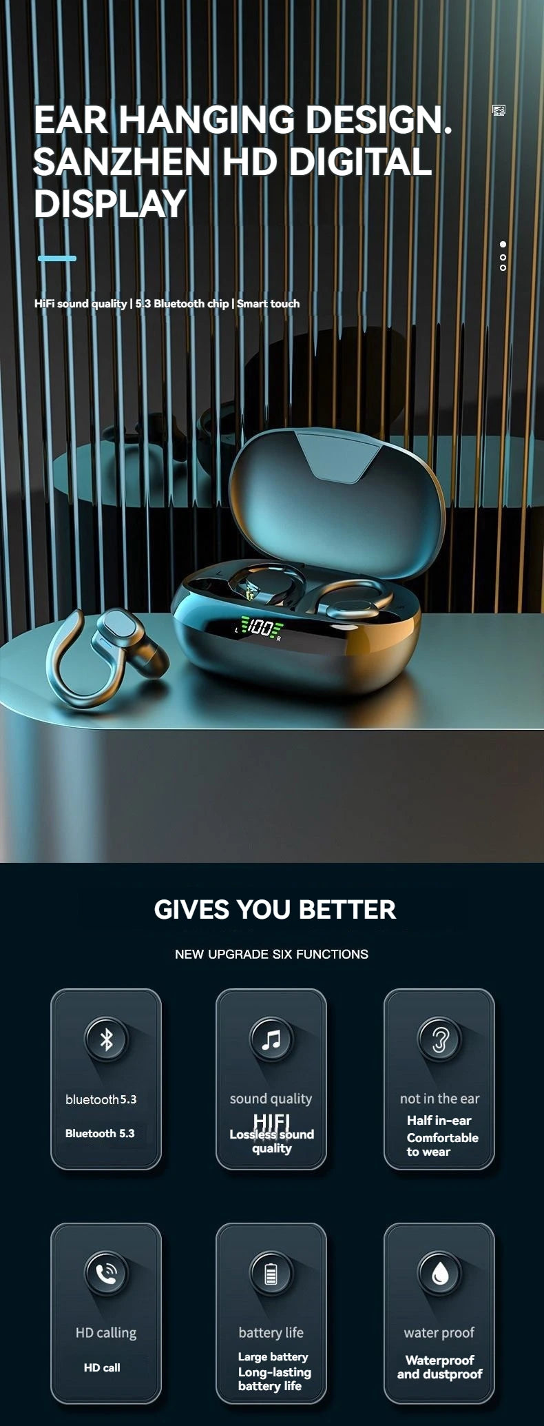 Ear Hook Wireless Sport Headphones 50H Open-Ear Bluetooth Earphones with LED Display Noise Reduction for Running Cycling