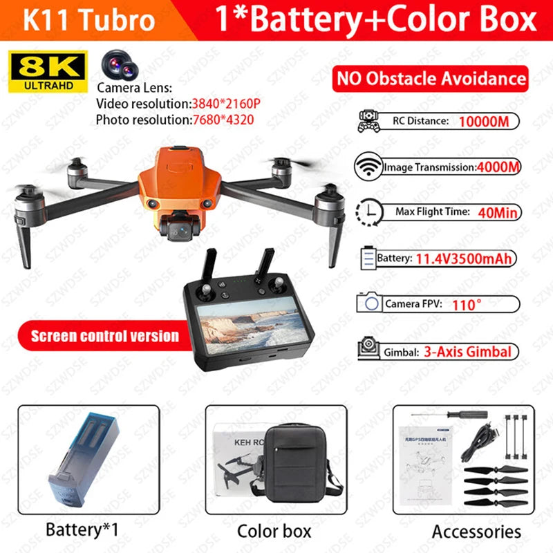 K11 Tubro Professional Drone With 8K Camera 3-Axis Gimbal Obstacle Avoidance Touch Screen FPV Drone Brushless GPS RC Quadcopter