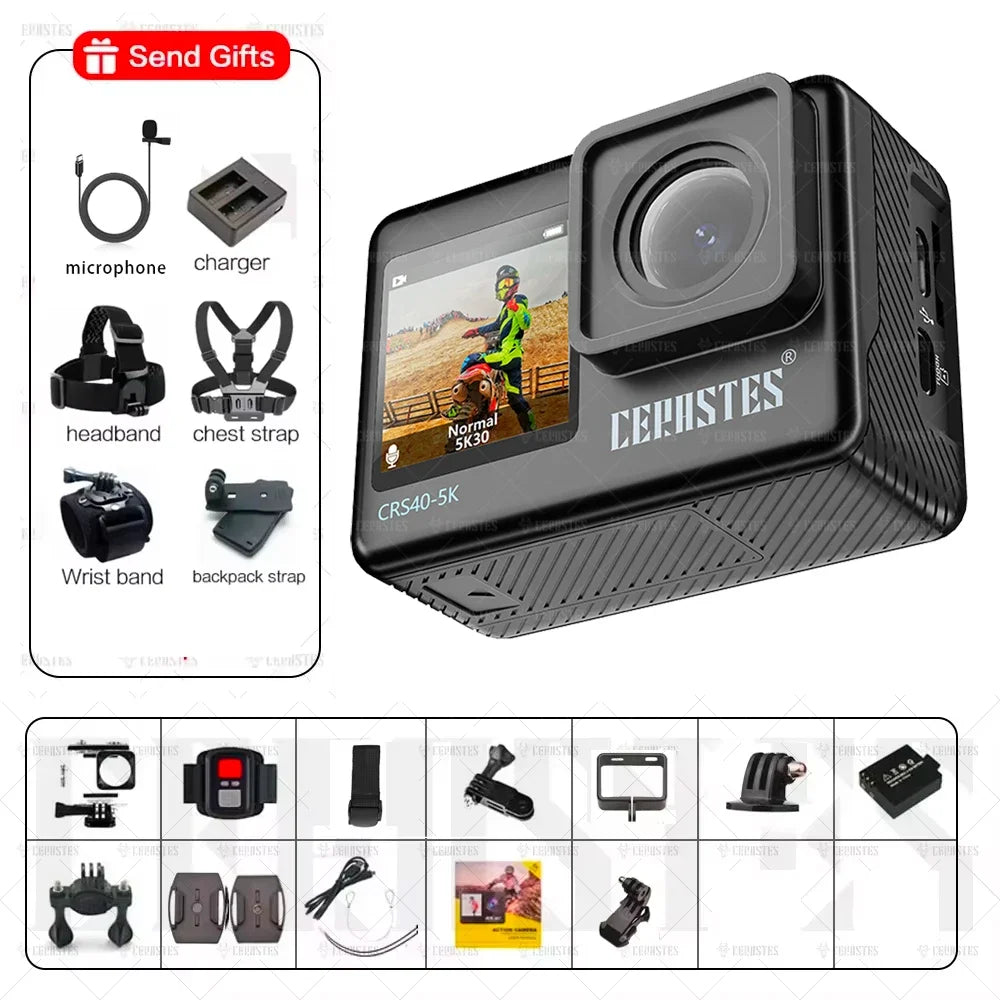 CERASTES Action Camera 5K 4K 60FPS WiFi Anti-shake Dual Screen 170° Wide Angle 30m Waterproof Sport Camera with Remote Control