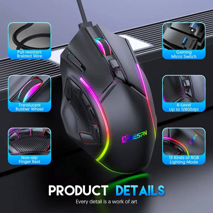 Macro Definition Wired Rgb Gaming Mouse  Full Speed 12800dpi 12 Keys Computer Accessories