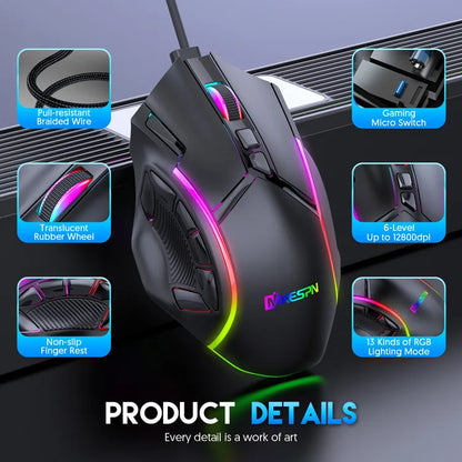 Macro Definition Wired Rgb Gaming Mouse  Full Speed 12800dpi 12 Keys Computer Accessories