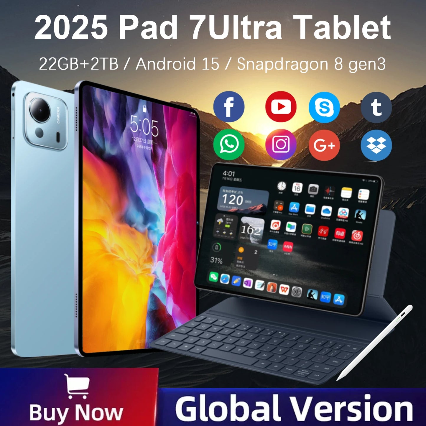 2025 Original Pad 7 Ultra Tablets Snapdragon 8 gen3 22GB+2TB Android 15  Global Version tableta5G Dual SIM 10 Core WiFi WPS 2000