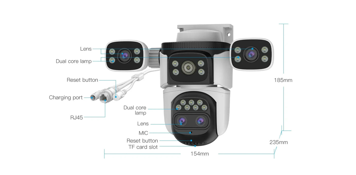 Four Lens WiFi Security Camera 20MP Four Screens Outdoor 10X Optical Zoom Human Auto Tracking Waterproof Multi-Camera System