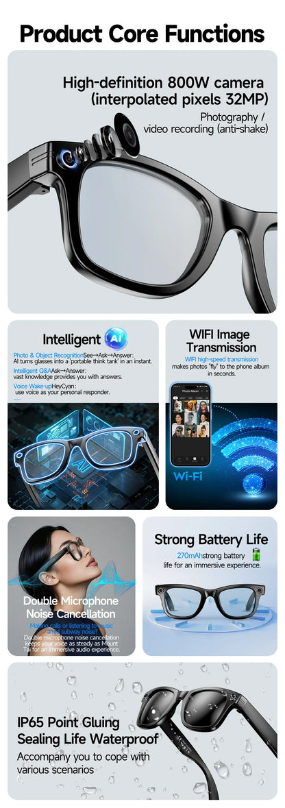 Smart Glasses HD Camera Recording Videos AI Photo Recognition Answer Translation 270mAh Large Battery Waterproof BT Call Glasses