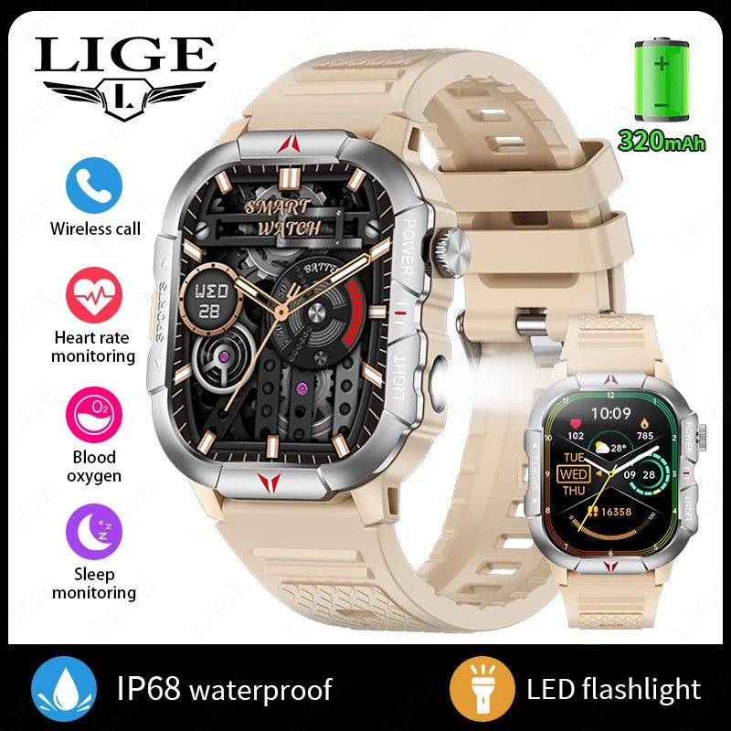 LIGE Smart Watch LED Flashlight Men Waterproof Watches 2.01-inch HD Screen Health Bracelet Military Outdoor Sport Smartwatch Man