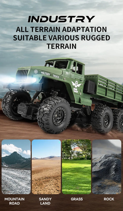 1/16 2.4G Aluminum Alloy RC Truck Six Wheel Military Edition with LED Lights Outdoor Remote Control Cars Toys Gift for Children