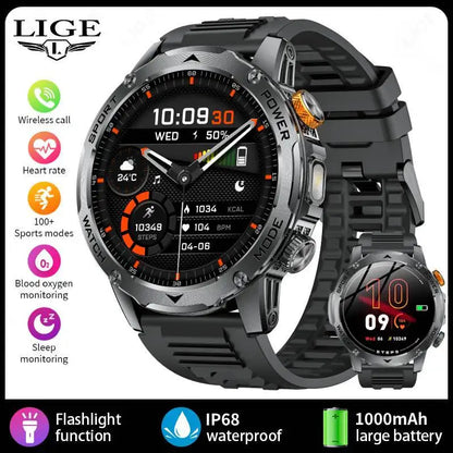 LIGE New Smart Watch Men 1000mAh Large Capacity Battery Outdoor Flashlight Bluetooth Call Waterproof Sport Fitness Smartwatch