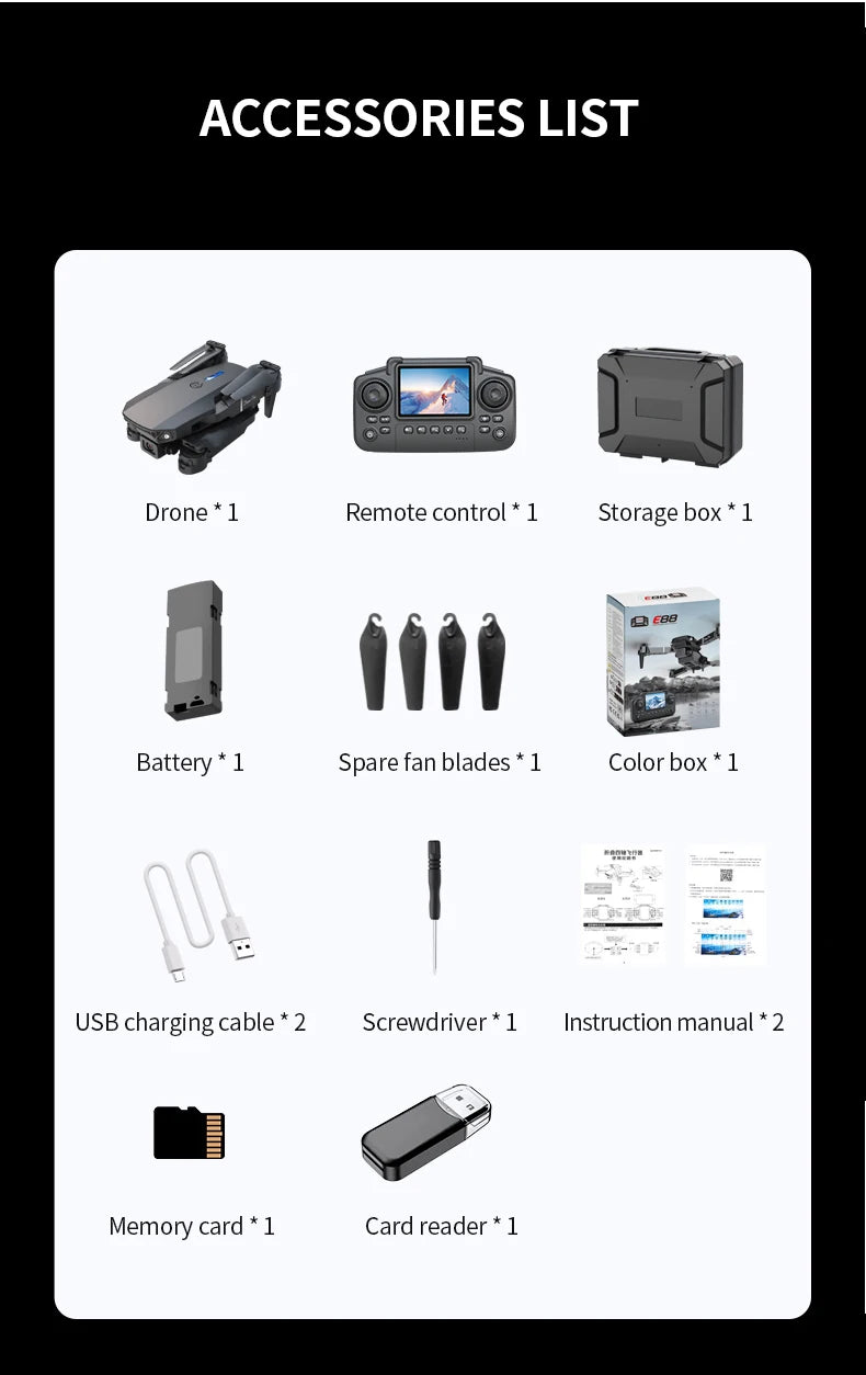 E88 PRO 8K HD Drone with Wide-Angle Camera WiFi FPV Height Hold Foldable RC Quadcopter for Aerial Photography Toys Holiday Gifts