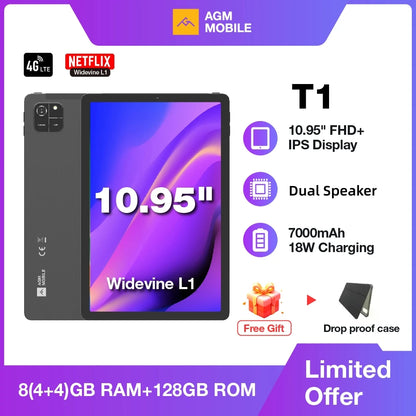 AGM PAD T1 Tablet 10.95 inch 1200*1920 FHD+ Screen  8（4+4）GB RAM 128GB ROM 4G LTE Android 14 Unisoc T606 Tablets Widevine L1