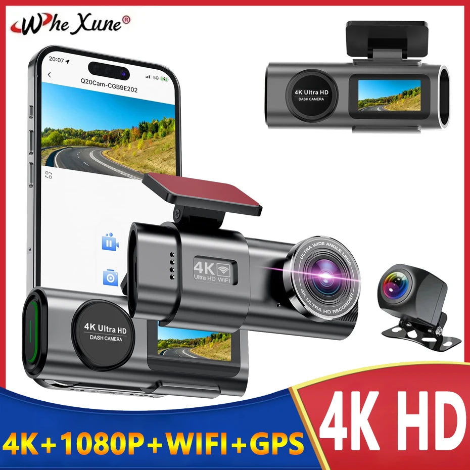 Dash Cam Front and Rear, 4K+1080P WDR Dash Camera for Cars,Built-in WiFi Car Camera with GPS Track,G-Sensor, Super Night Vision