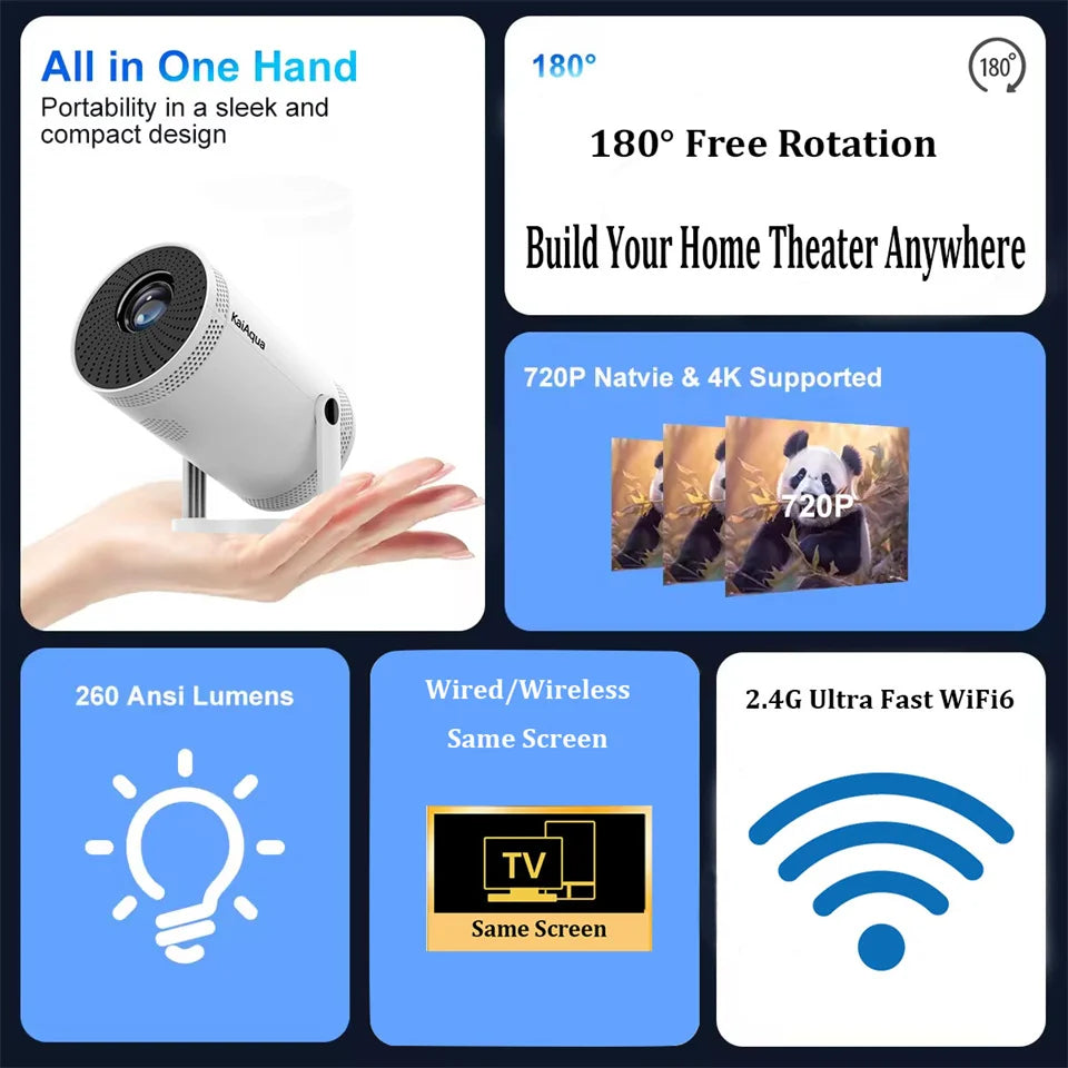 New Portable Projector 4K 1280*720P Android 11 Dual-band Wifi6 2.4G+5G 260ANSI BT5.0 1080P Home Cinema Outdoor Mini Projectors