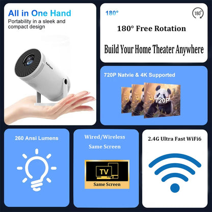 New Portable Projector 4K 1280*720P Android 11 Dual-band Wifi6 2.4G+5G 260ANSI BT5.0 1080P Home Cinema Outdoor Mini Projectors