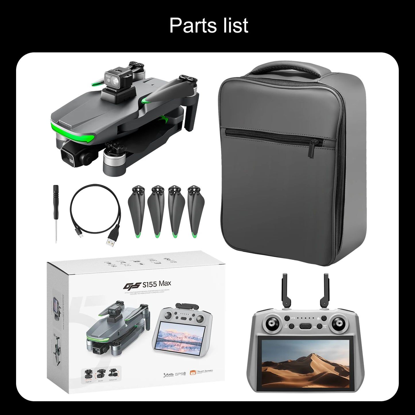 S155 MAX GPS Drone Professional 4K Camera 7.2-inch Touch Screen 3-Axis Gimbal EIS Relay Aircraft Obstacle Avoidance Dron Toy