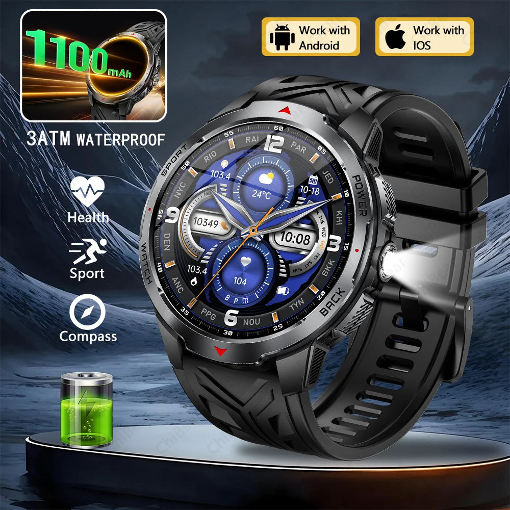 GPS Outdoor Sports Smartwatches 1100mAh Battery Compass Men's LED Lights 5ATM Waterproof Watch Bluetooth Call Smart Watch