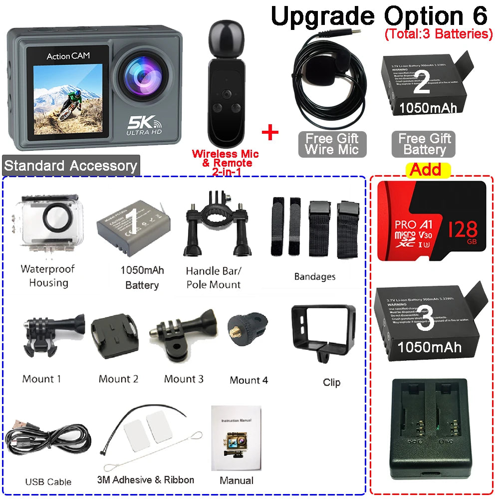5K 4K60FPS Action Camera Dual IPS Touch LCD DVR EIS 170° 30M Waterproof 5X Zoom Sport Camera With Wireless Mic&Remote Control