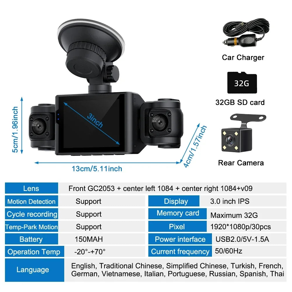 Dash Cam W/ IR Night Vision Loop Recording 3" IPS Screen 360° Rotatable 1080P 4 Camera Front/Rear/Left/Right Cars Driving DVR
