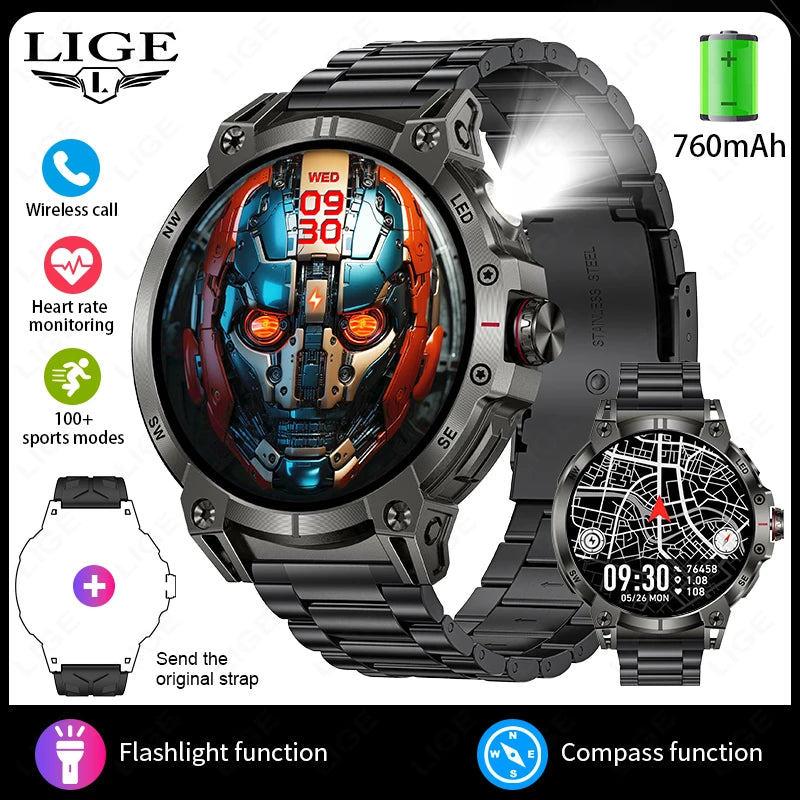 New Military Smart Watch Men 760mAh Large Battery LED Flashlight Compass 1.8"HD Screen Heart rate Waterproof BT Call Smartwatch