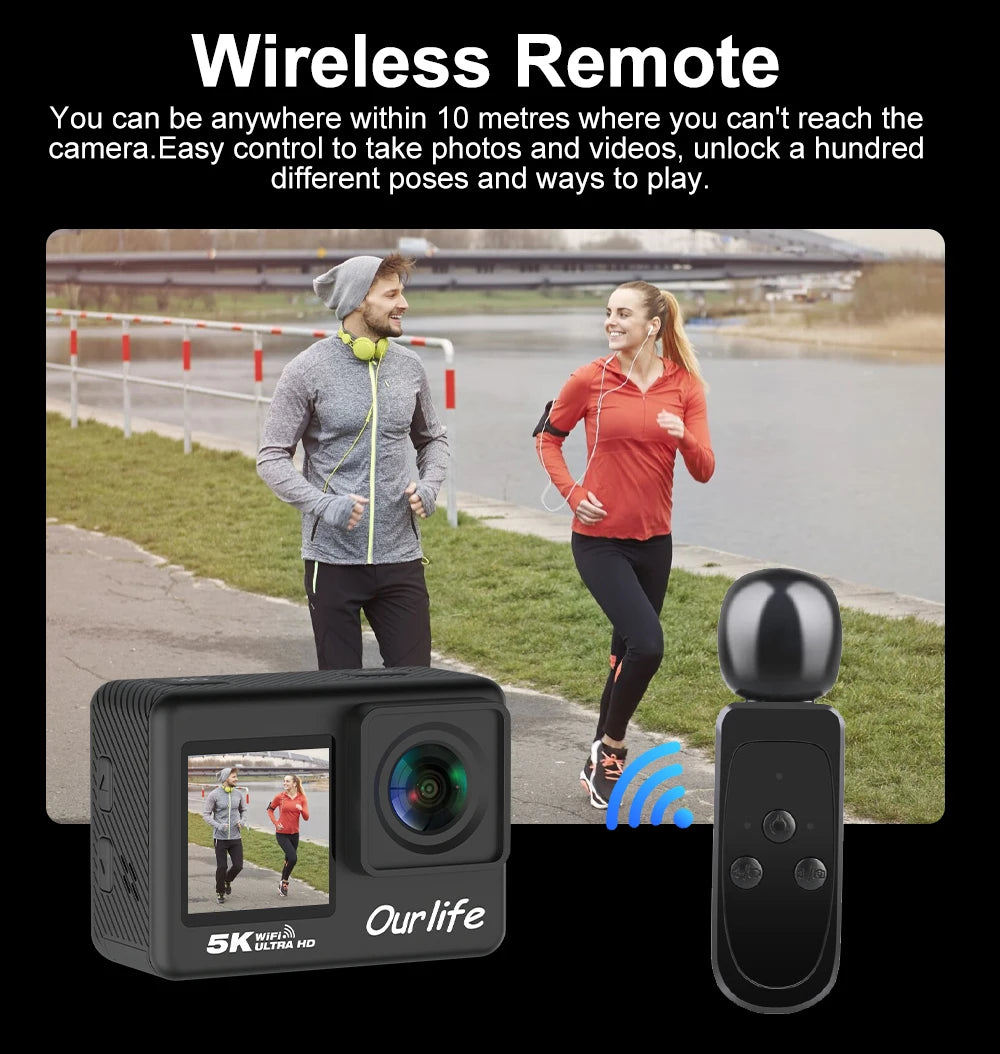 Ourlife 5K 4K60FPS Action Camera IPS Touch LCD EIS 170° DVR 30M Waterproof 5X Zoom Sport Camera With Wireless Mic&Remote Control