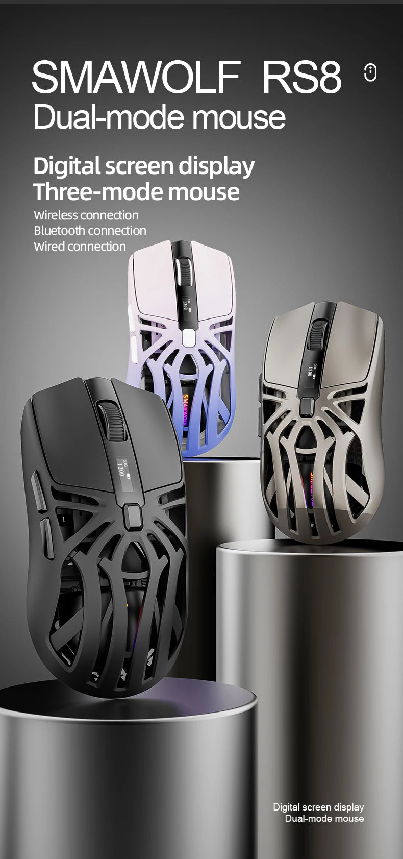 SMAILWOLF RS8  1000Hz Bluetooth mouse, 10000dpi, three-mode connection, lightweight macro gaming mouse notebook computer