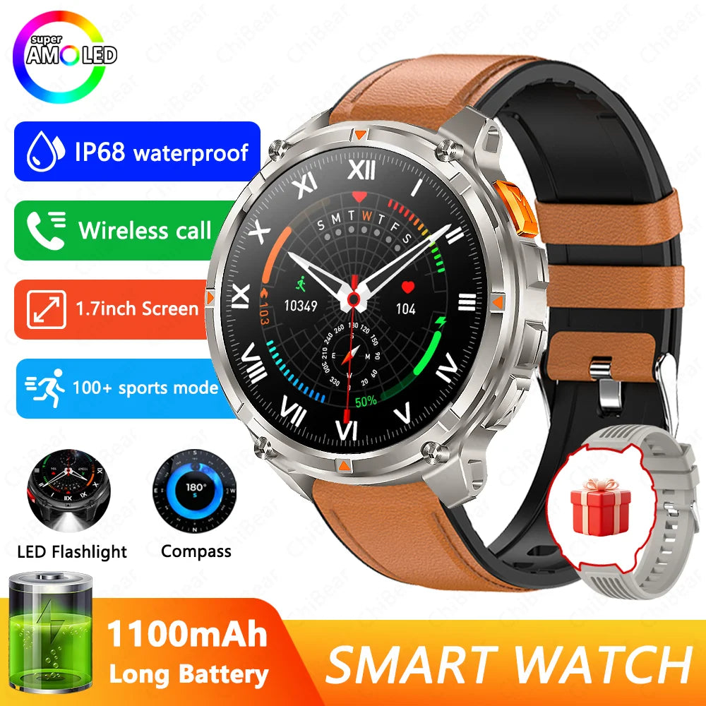 1100mAh Battery Outdoor Sport Smartwatches Men LED Flashlight Message Push Heart Rate 3ATM Waterproof Bluetooth Call Smart Watch