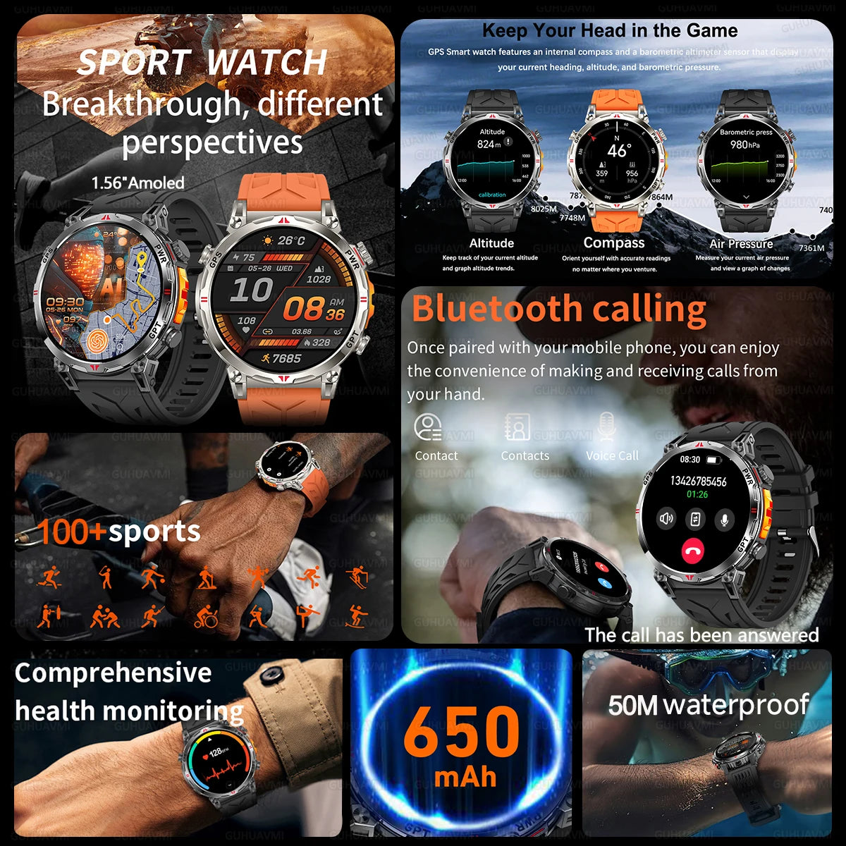 2025 Best seller Military AMOLED HD SmartWatch GPS Compass 10ATM Waterproof Tactics 170+Sport BT call SmartWatch 650Mah Battery