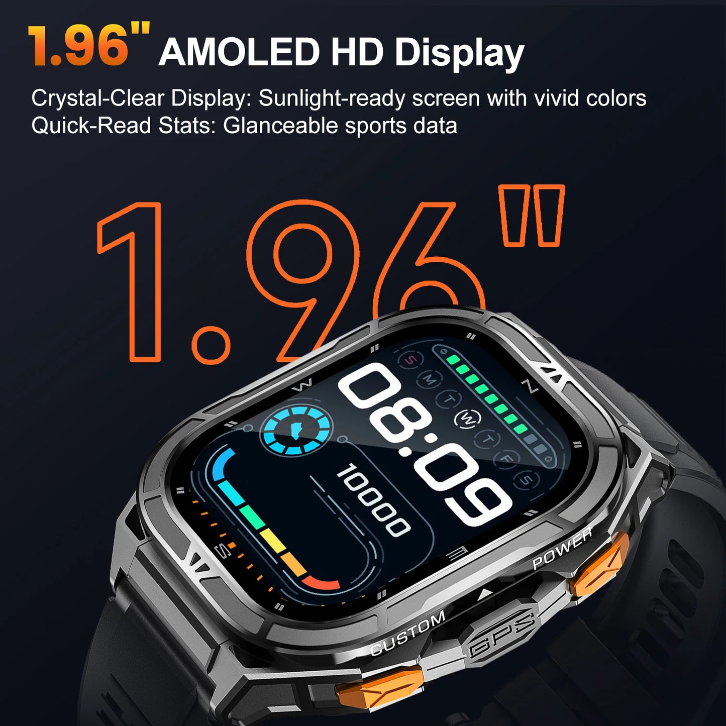 GPS Smart Watch 1.96" AMOLED HD 100+ Sports Modes 480mAh large 15-Day Battery 50M Waterproof Heart Rate/Sleep Monitor,Bluetooth