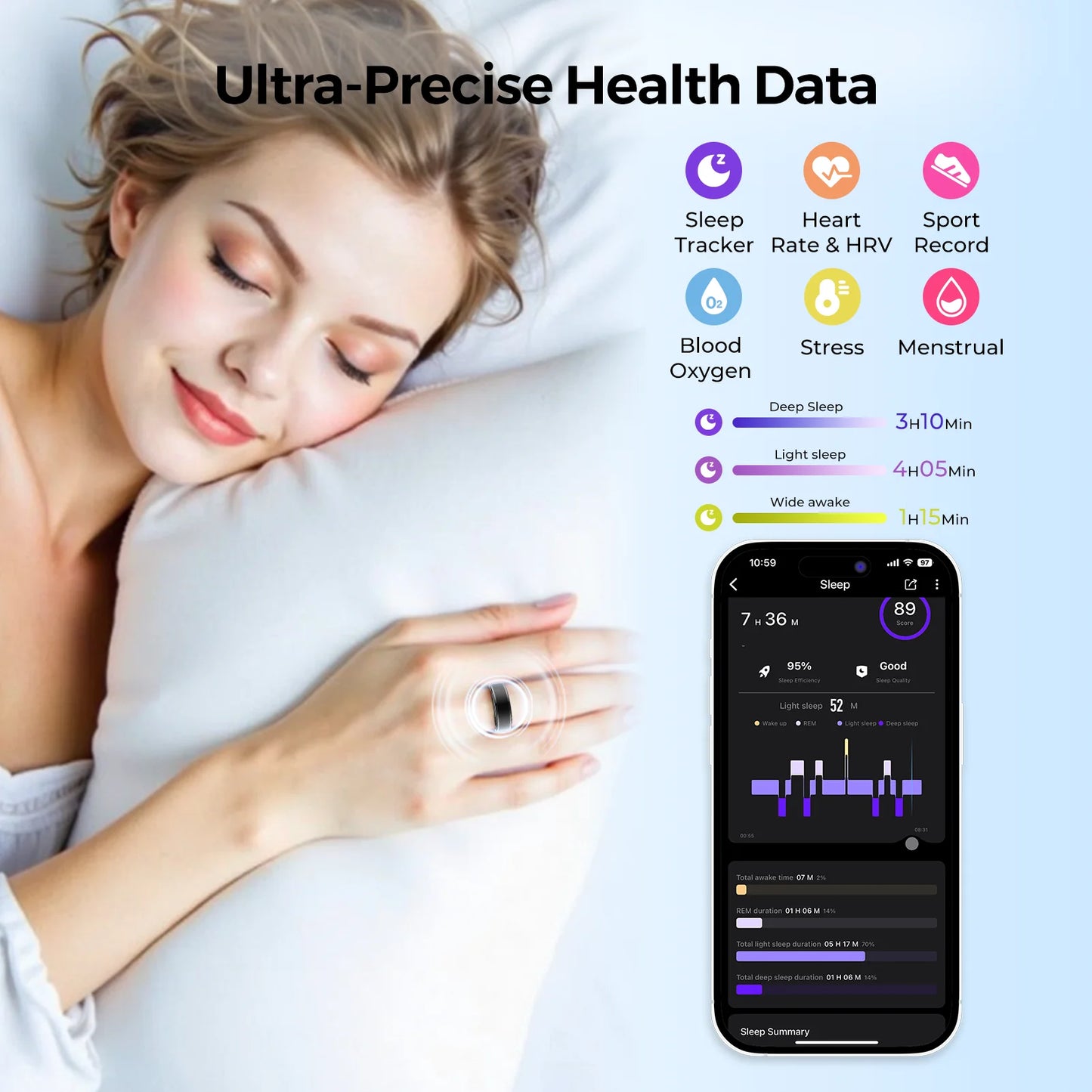 Smart Rings Bluetooth Gesture Swipe Control Sleep Heart Rate Oxygen Monitoring Multi Sports Modes Waterproof Women Health Ring