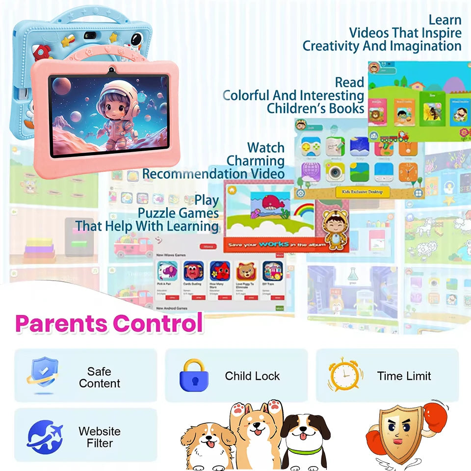 7 Inch Cartoon Pattern Kids Tablet 4+128GB 5G WiFi Learning Education Android 14.0 Tablets with Parent Control Children's Gifts