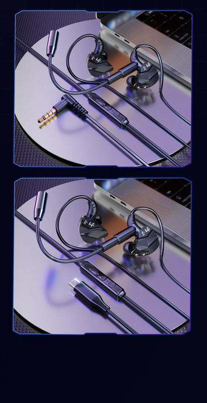 E-Sports Gaming Headset 7.1 Surround Sound Hifi Stereo Wired headphones 3.5mm/Type-C In-Ear dual Mic PUBG Gaming Earphone Earbud