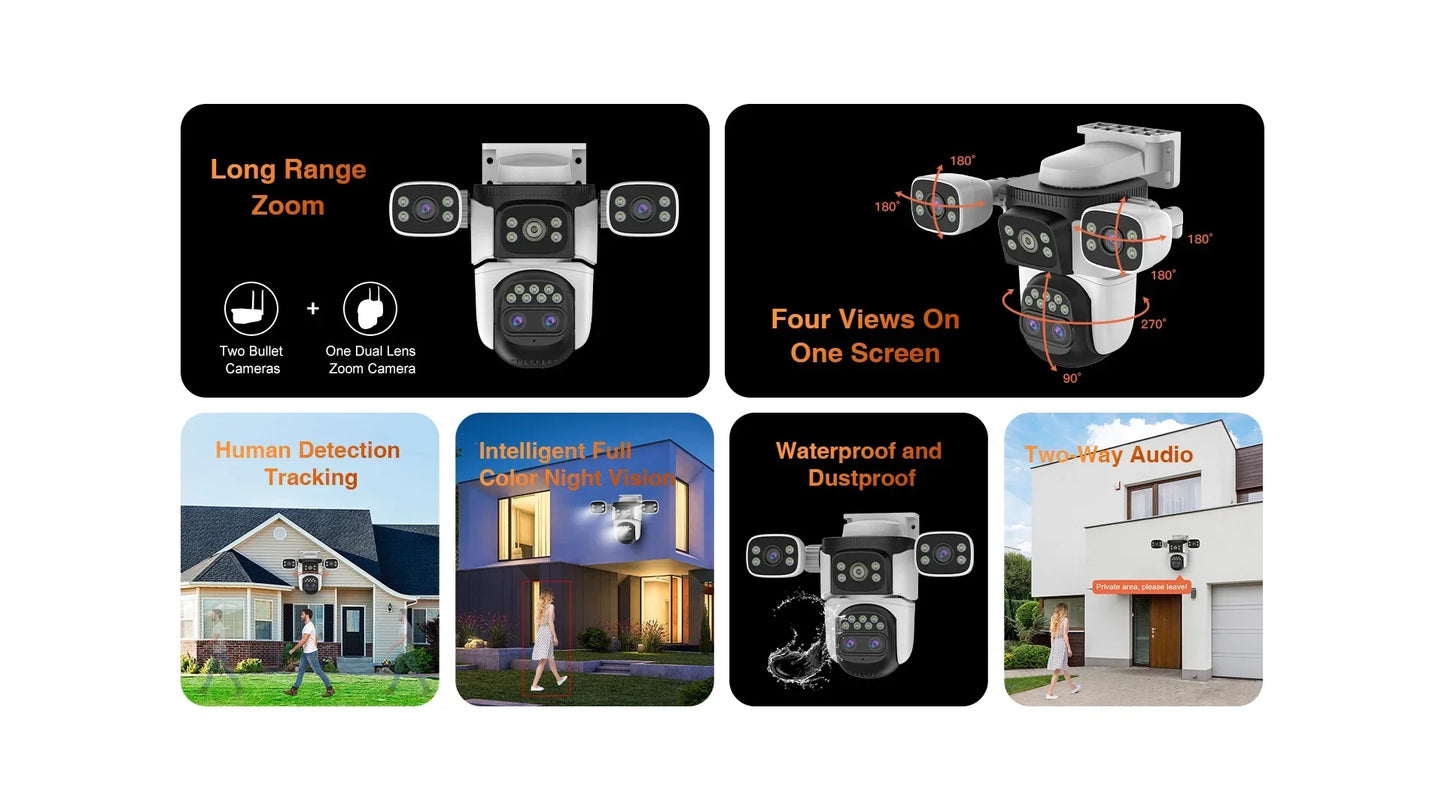 Four Lens WiFi Security Camera 20MP Four Screens Outdoor 10X Optical Zoom Human Auto Tracking Waterproof Multi-Camera System