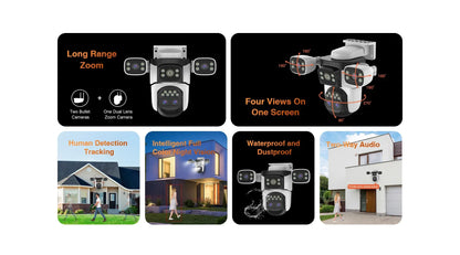 Four Lens WiFi Security Camera 20MP Four Screens Outdoor 10X Optical Zoom Human Auto Tracking Waterproof Multi-Camera System
