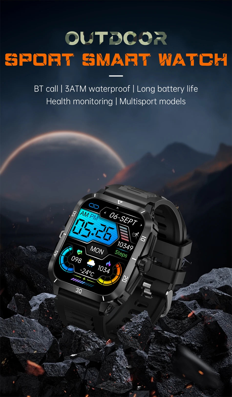3ATM Waterproof Smartwatch Men 1.96 Inch HD Screen GPS Sports Fitness Tracker Health Monitoring Bluetooth Call Sport Smart Watch