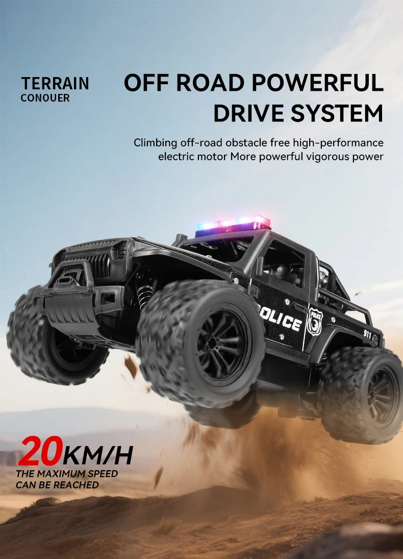 Remote-controlled off-road police car, cool police lights, simulated siren sounds, 1:16 scale alloy body,Spring shock absorption